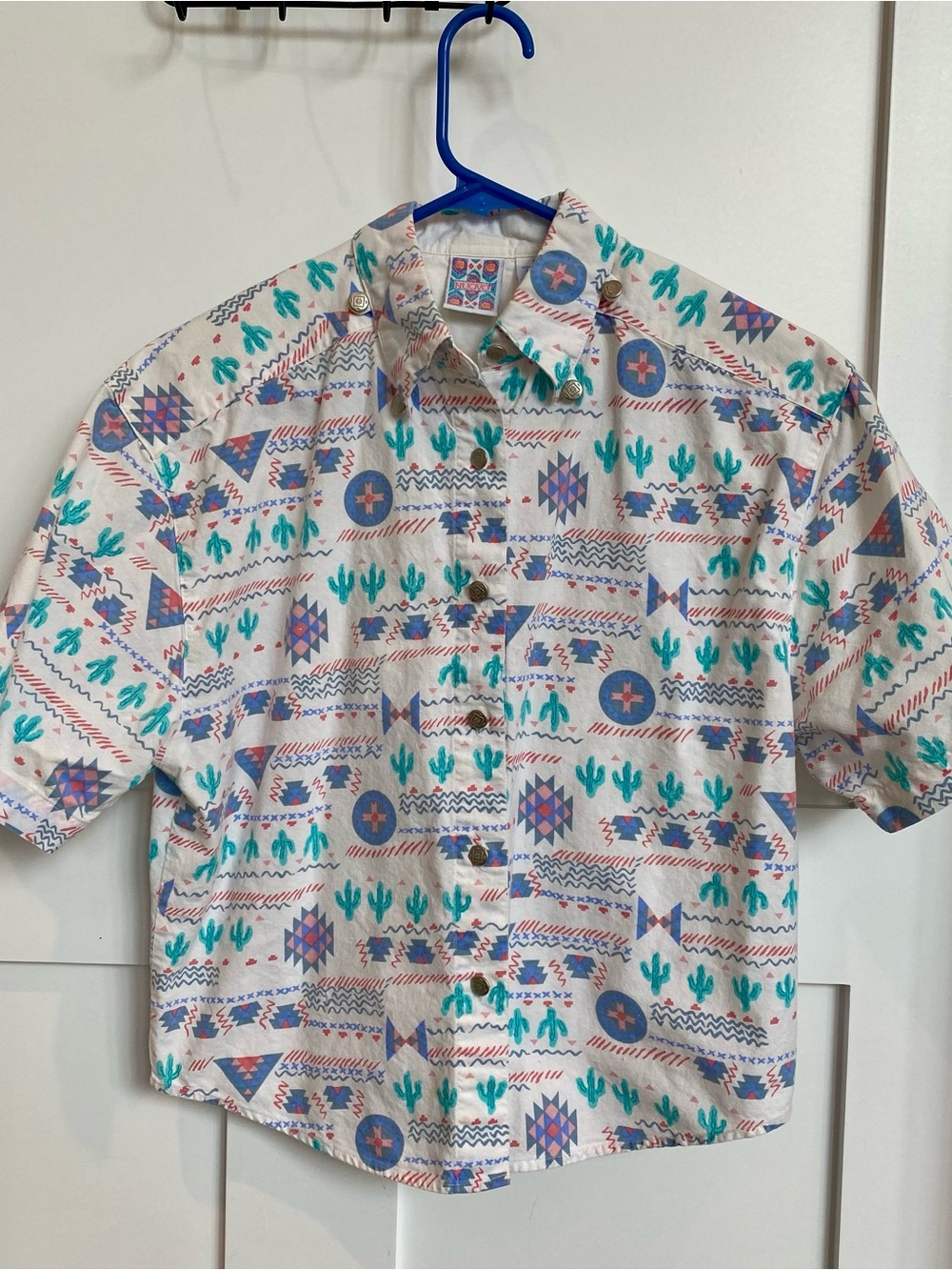 Southwest Button-Down Short Sleeve Shirt with Blue/ Green Print size S UFO core - Picture 4 of 10